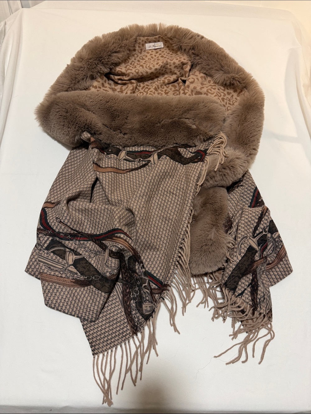 La Fiorentina Brown Faux Fur Trim Equestrian Leopard Print Shawl